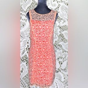 Jessica Simpson Coral Lace Midi Dress with Sheer Yoke
